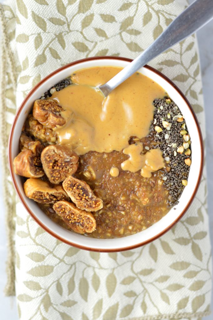 Coffee Oatmeal with Dried Figs, Peanut Butter and Chia Seeds