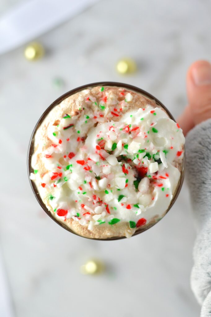 Peppermint Mocha recipe with coffee, peppermint extract and crushed candy canes. This tastes like the one from Starbucks made at home.