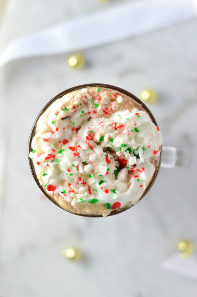 Peppermint Mocha recipe with coffee, peppermint extract and crushed candy canes. This tastes like the one from Starbucks made at home.