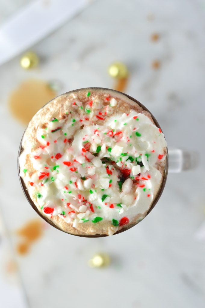 Peppermint Mocha recipe with coffee, peppermint extract and crushed candy canes. This tastes like the one from Starbucks made at home.