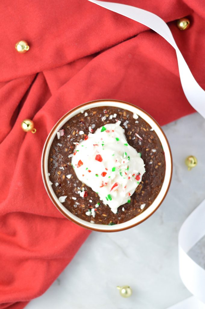 Peppermint Mocha Oatmeal makes for a warm and comforting breakfast recipe for the holidays. topped with yogurt and crushed candy canes.