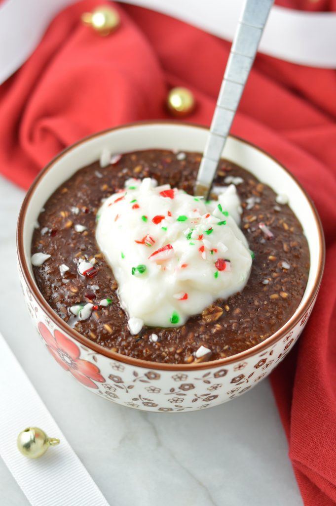 Peppermint Mocha Oatmeal makes for a warm and comforting breakfast recipe for the holidays. topped with yogurt and crushed candy canes.