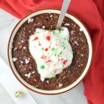 Peppermint Mocha Oatmeal makes for a warm and comforting breakfast recipe for the holidays. topped with yogurt and crushed candy canes.