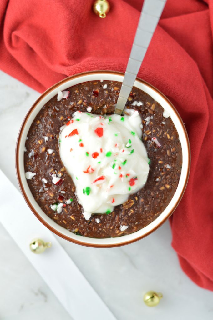 Peppermint Mocha Oatmeal makes for a warm and comforting breakfast recipe for the holidays. topped with yogurt and crushed candy canes.