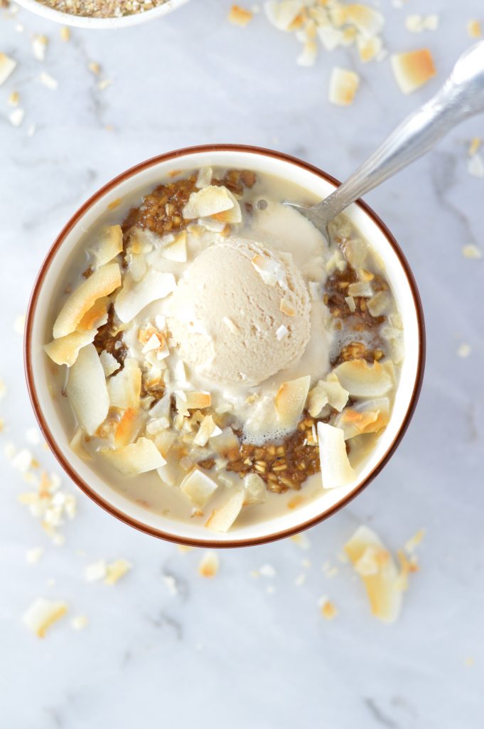 Easy Coffee Oatmeal with Coffee Ice Cream makes the perfect decadent breakfast recipe. Made with milk and coffee instead of water, this bowl of oats keeps you full until lunch.