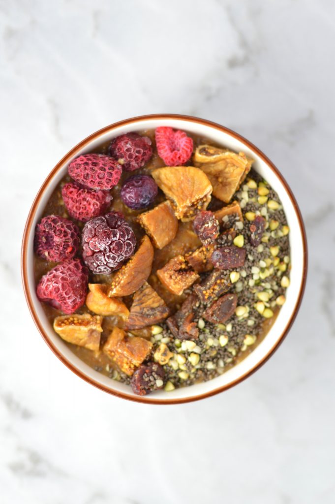 This Fruit, Figs and Peanut Butter Coffee Oatmeal recipe is the perfect way to get in your caffeine in the morning. The frozen berries, chia seeds and figs come together perfectly in this easy breakfast bowl.