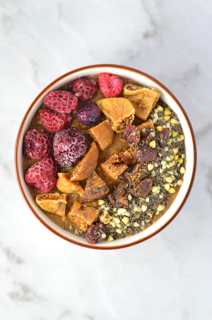 This Fruit, Figs and Peanut Butter Coffee Oatmeal recipe is the perfect way to get in your caffeine in the morning. The frozen berries, chia seeds and figs come together perfectly in this easy breakfast bowl.