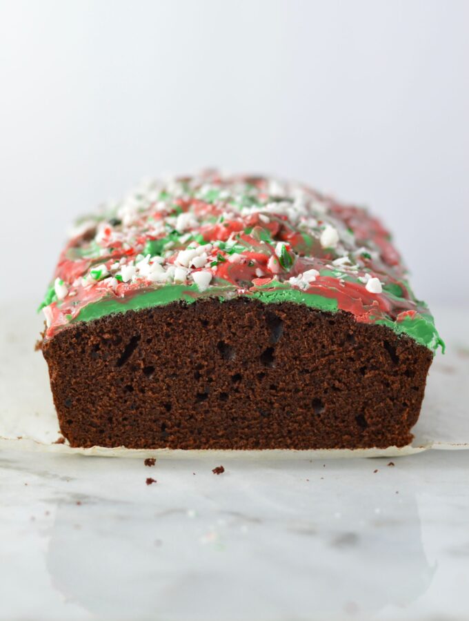 Peppermint Bark Chocolate Bread recipe is basically a cake with melted chocolate and crushed candy canes on top. The perfect dessert for Christmas.