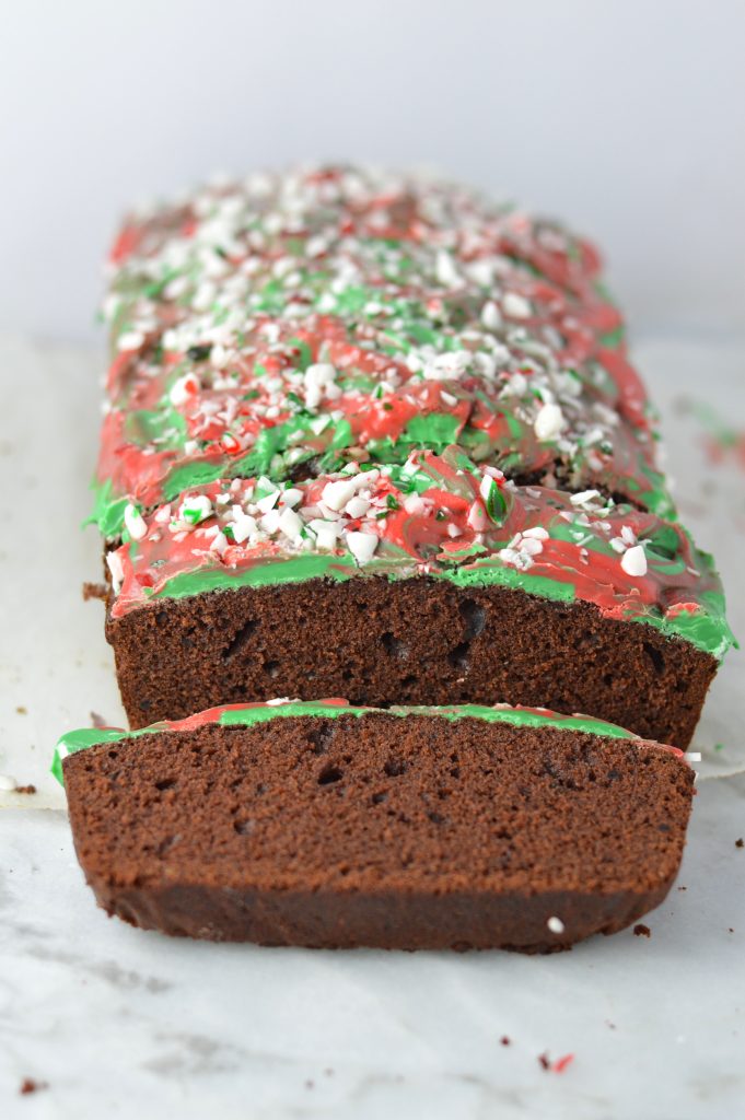 Peppermint Bark Chocolate Bread recipe is basically a cake with melted chocolate and crushed candy canes on top. The perfect dessert for Christmas.