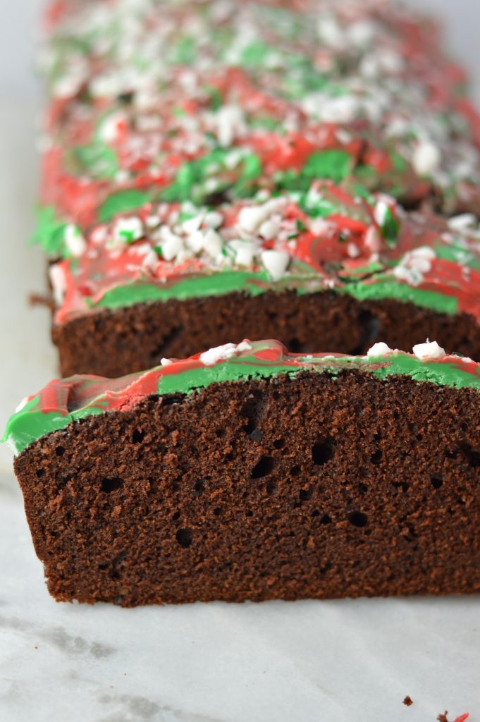 Peppermint Bark Chocolate Bread recipe is basically a cake with melted chocolate and crushed candy canes on top. The perfect dessert for Christmas.