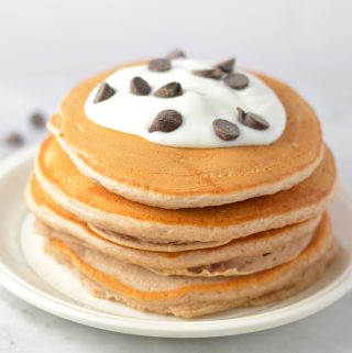 Easy Chocolate Protein Powder Pancakes recipe that can be made vegan. These are so quick to make, and so soft and fluffy. Perfect breakfast or brunch idea.