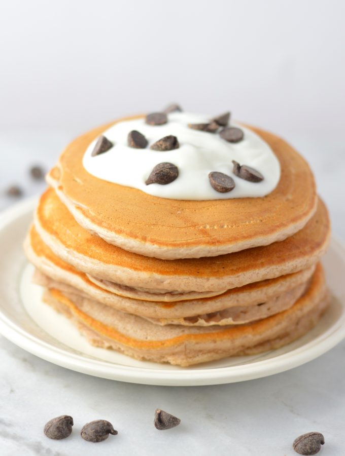 Easy Chocolate Protein Powder Pancakes recipe that can be made vegan. These are so quick to make, and so soft and fluffy. Perfect breakfast or brunch idea.