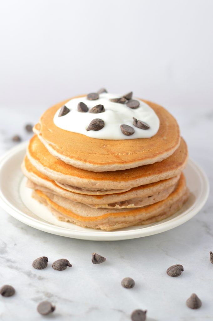 Easy Chocolate Protein Powder Pancakes recipe that can be made vegan. These are so quick to make, and so soft and fluffy. Perfect breakfast or brunch idea.