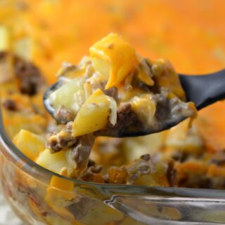 Easy Ground Beef and Potato Casserole recipe. Like a hamburger all in one dish. The ultimate quick weeknight comfort food.