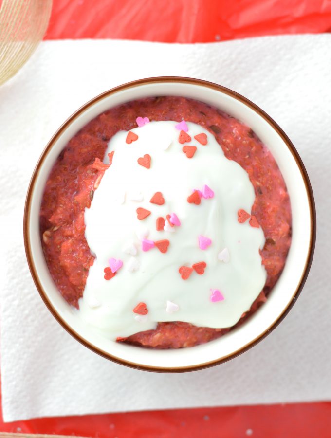 Easy Red Velvet Oatmeal makes the perfect breakfast recipe for Valentines day, or any other day you want a beautiful sweet treat in the morning.