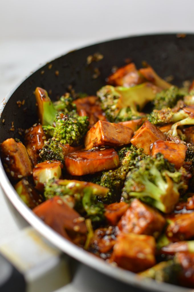 A large skillet filled with Tofu Sesame Broccoli Stir Fry.