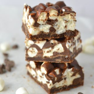 These Chocolate Marshmallow Layer Brownies are super easy to make. They make a great peanut free snack or dessert recipe that you can bring to school or work.