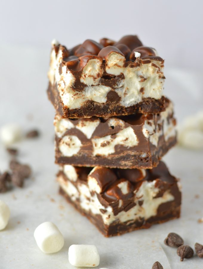 These Chocolate Marshmallow Layer Brownies are super easy to make. They make a great peanut free snack or dessert recipe that you can bring to school or work.