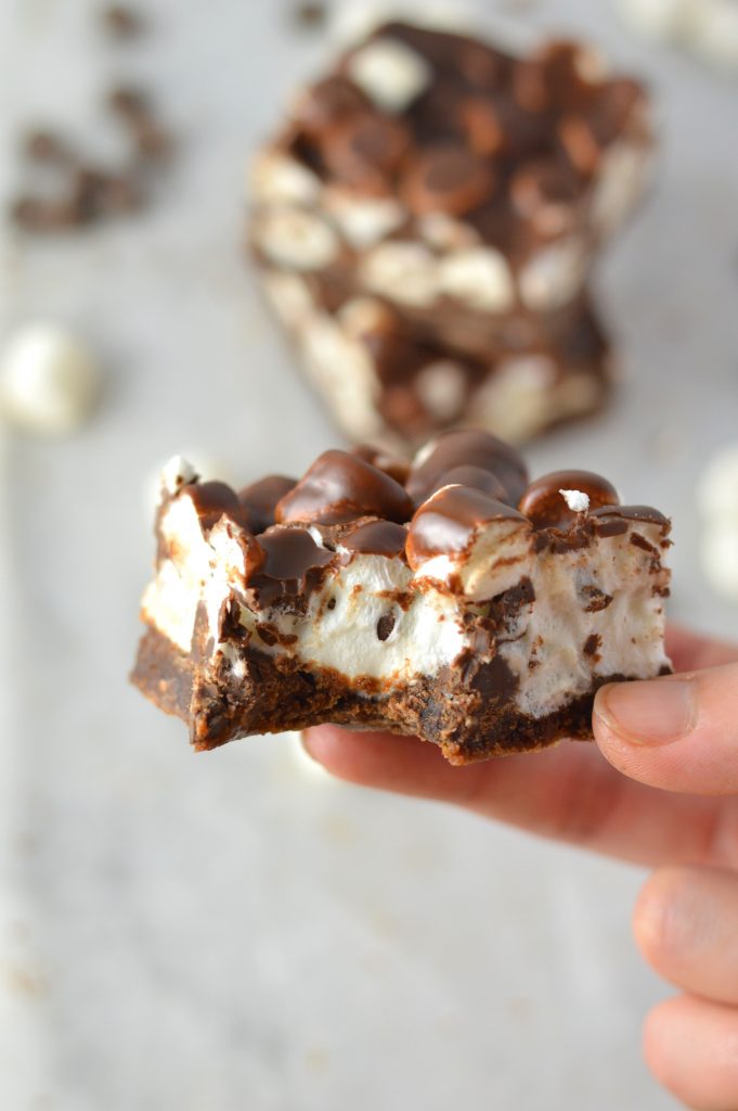 These Chocolate Marshmallow Layer Brownies are super easy to make. They make a great peanut free snack or dessert recipe that you can bring to school or work.