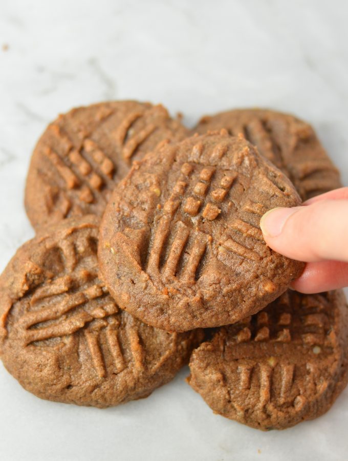 Vegan 5 Ingredient Peanut Butter Chocolate Chia Seed Cookies. Made in one bowl and ready in less than 15 minutes, they make a quick snack or easy dessert recipe.