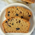 Easy Blueberry Applesauce Bread recipe. Super simple breakfast or nut free snack idea, and made with cinnamon and dried blueberries.