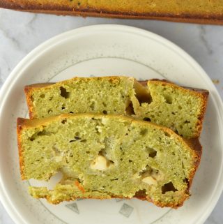 Easy White Chocolate Matcha Bread recipe. Perfect for a quick snack or grab and go breakfast idea. Healthier than your typical sweet loaf.