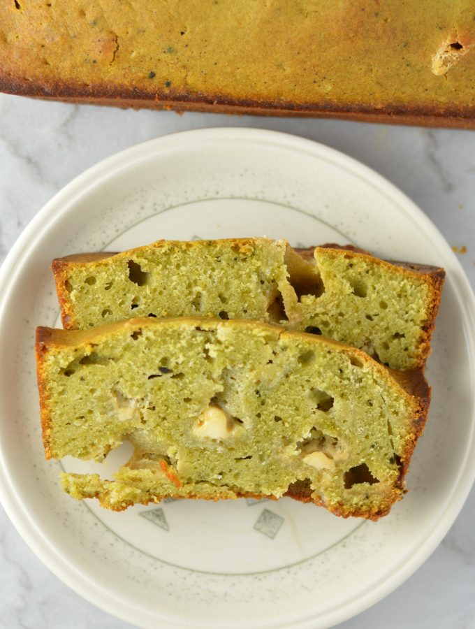 Easy White Chocolate Matcha Bread recipe. Perfect for a quick snack or grab and go breakfast idea. Healthier than your typical sweet loaf.