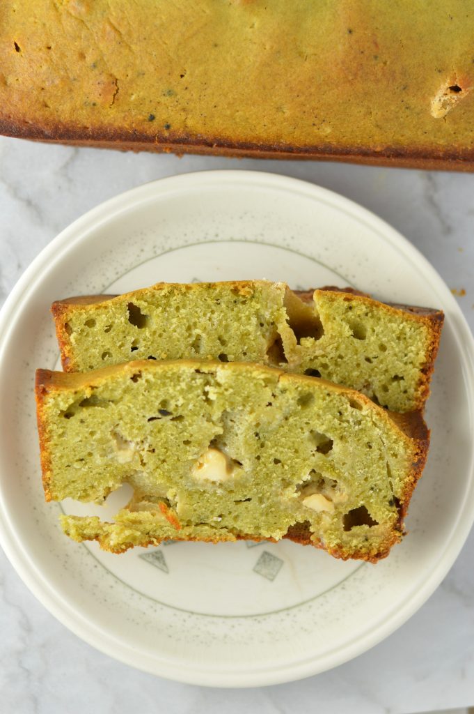 Easy White Chocolate Matcha Bread recipe. Perfect for a quick snack or grab and go breakfast idea. Healthier than your typical sweet loaf.