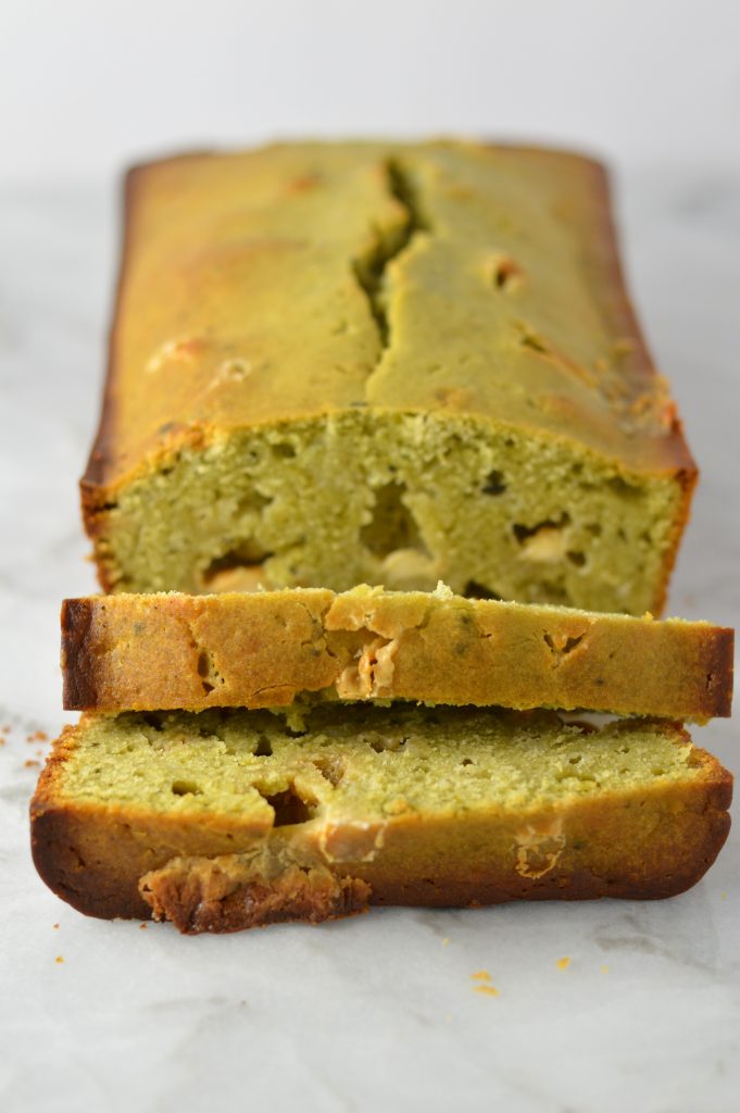 Easy White Chocolate Matcha Bread recipe. Perfect for a quick snack or grab and go breakfast idea. Healthier than your typical sweet loaf.