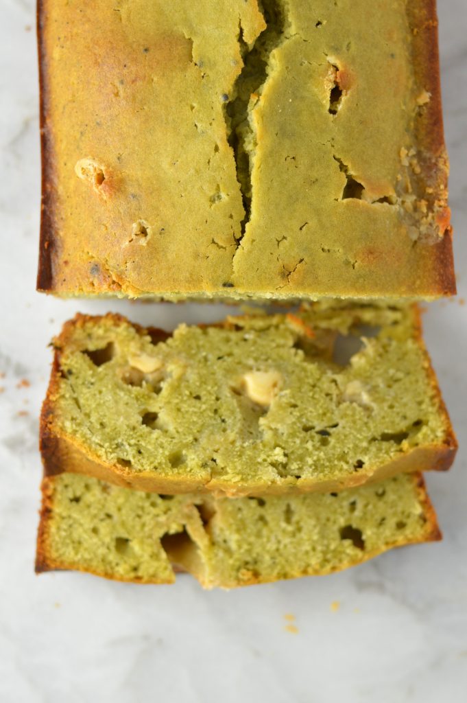 Easy White Chocolate Matcha Bread recipe. Perfect for a quick snack or grab and go breakfast idea. Healthier than your typical sweet loaf.