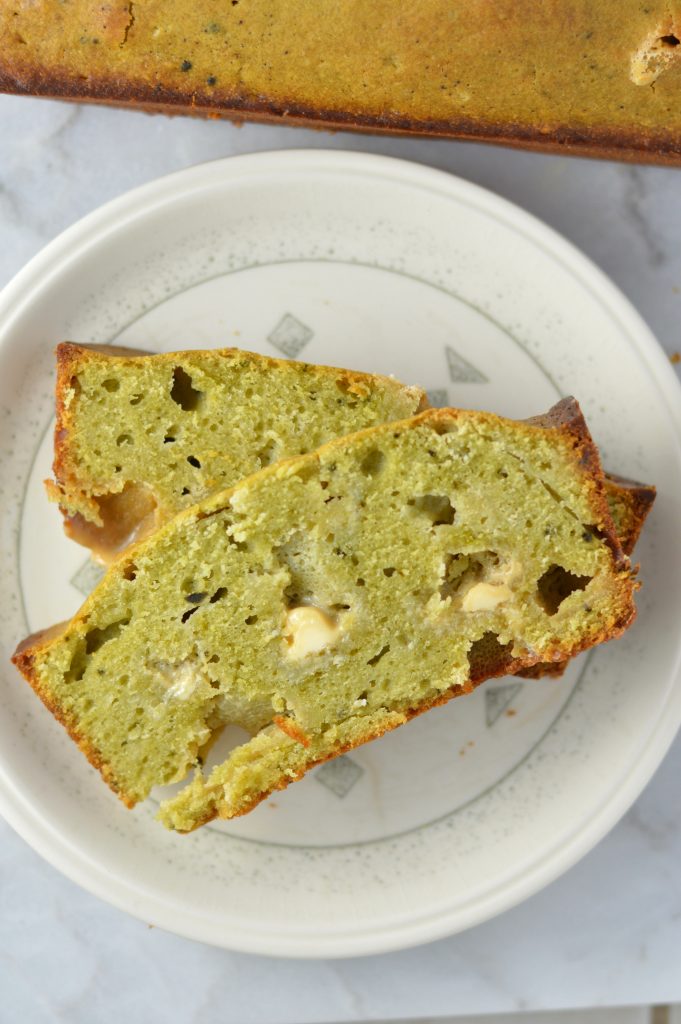 Easy White Chocolate Matcha Bread recipe. Perfect for a quick snack or grab and go breakfast idea. Healthier than your typical sweet loaf.