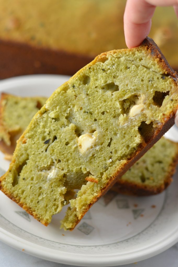 Easy White Chocolate Matcha Bread recipe. Perfect for a quick snack or grab and go breakfast idea. Healthier than your typical sweet loaf.