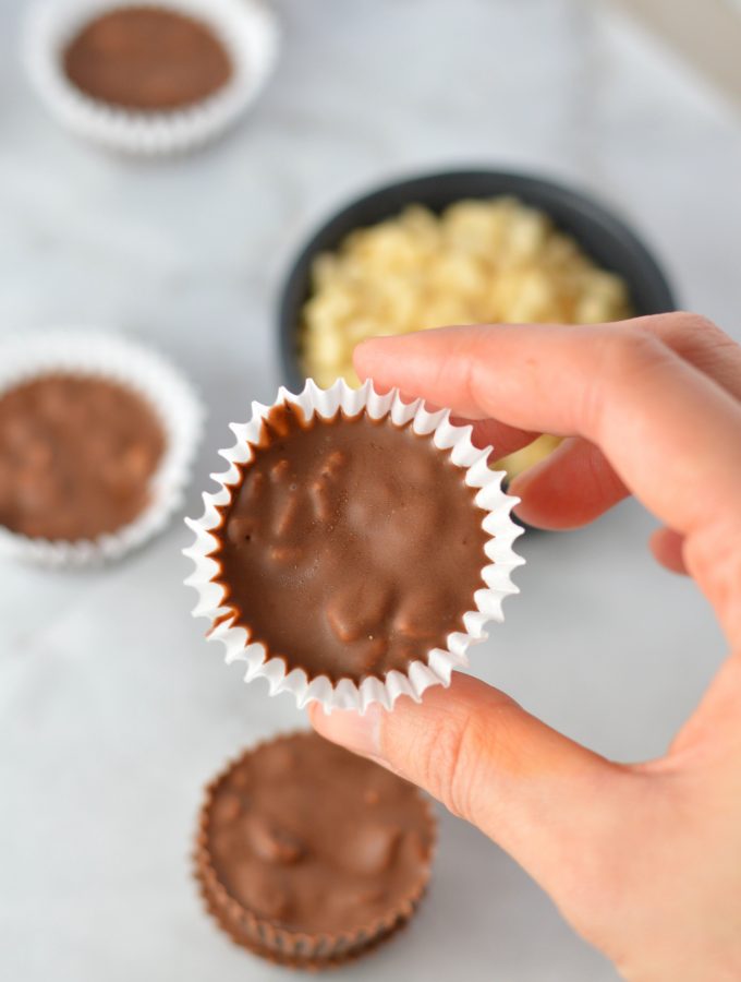 One bowl, 3 Ingredient Mini Crispy Nutella Cups recipe. These little fudge cups are quick and easy to make, with the perfect crunch from rice cereal, such as Rice Krispies.