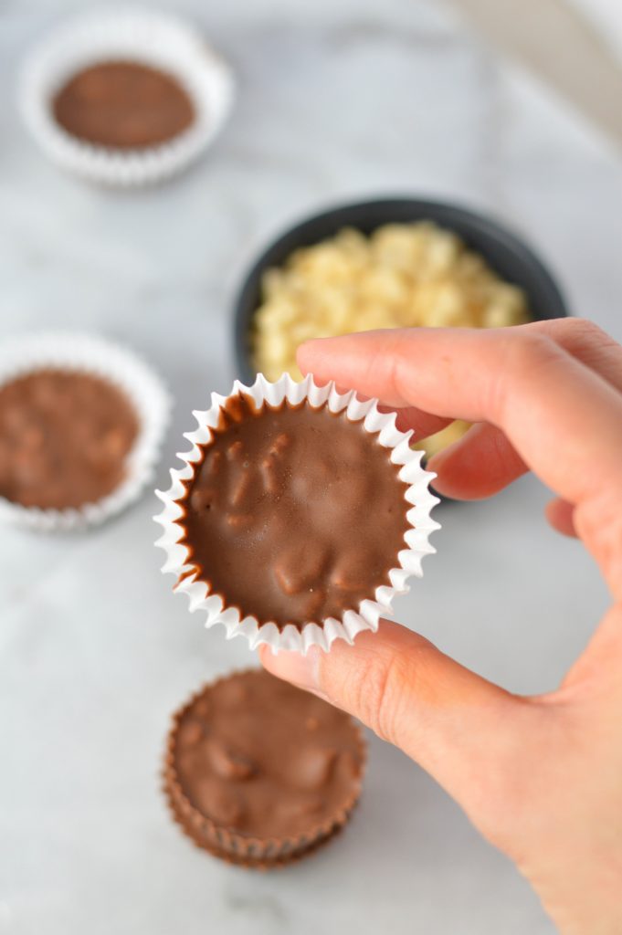 One bowl, 3 Ingredient Mini Crispy Nutella Cups recipe. These little fudge cups are quick and easy to make, with the perfect crunch from rice cereal, such as Rice Krispies.