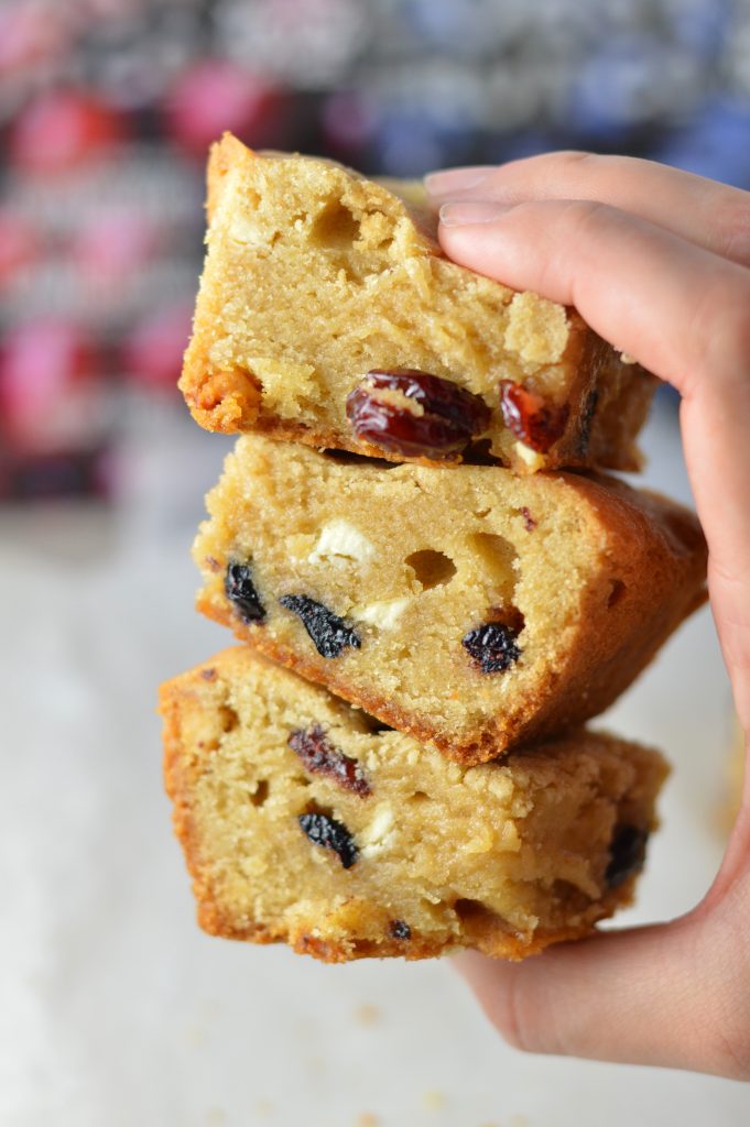 Dried Blueberry, Cranberry and White Chocolate Cookie Bars recipe makes for a great holiday recipe idea. These red, white and blue desserts are so quick and easy to make.