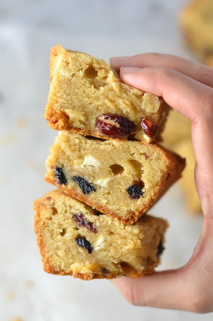 Dried Blueberry, Cranberry and White Chocolate Cookie Bars recipe makes for a great holiday recipe idea. These red, white and blue desserts are so quick and easy to make.