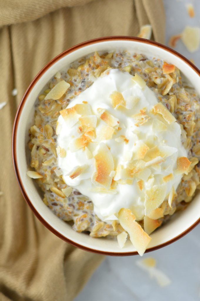 Coconut Cream Pie Oatmeal recipe using canned coconut milk. This breakfast is guaranteed to keep you full until lunch, and it is so quick and easy to make.