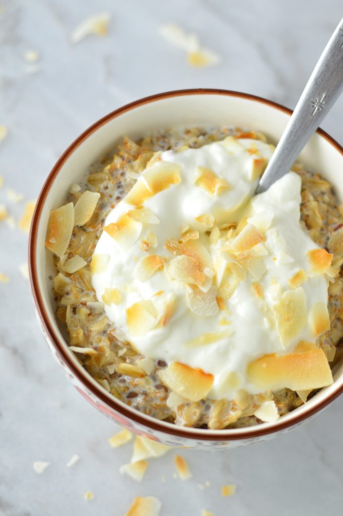 Coconut Cream Pie Oatmeal recipe using canned coconut milk. This breakfast is guaranteed to keep you full until lunch, and it is so quick and easy to make.