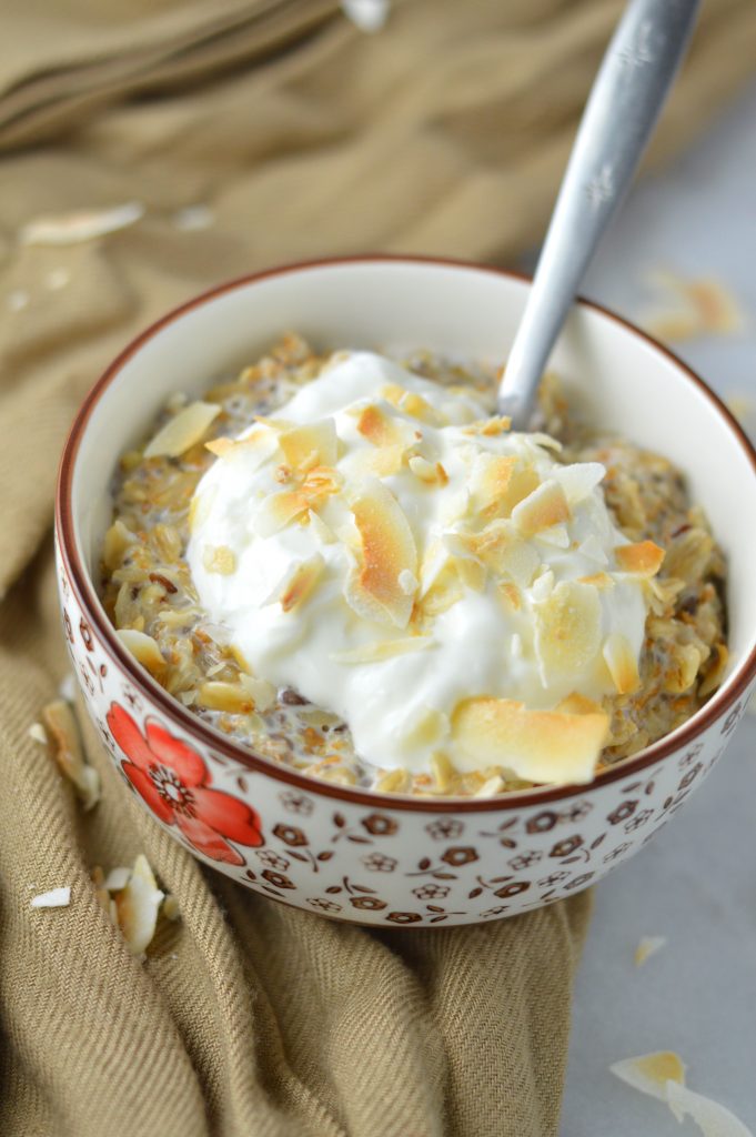 Coconut Cream Pie Oatmeal recipe using canned coconut milk. This breakfast is guaranteed to keep you full until lunch, and it is so quick and easy to make.