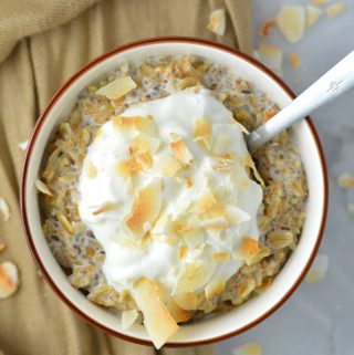 Coconut Cream Pie Oatmeal recipe using canned coconut milk. This breakfast is guaranteed to keep you full until lunch, and it is so quick and easy to make.