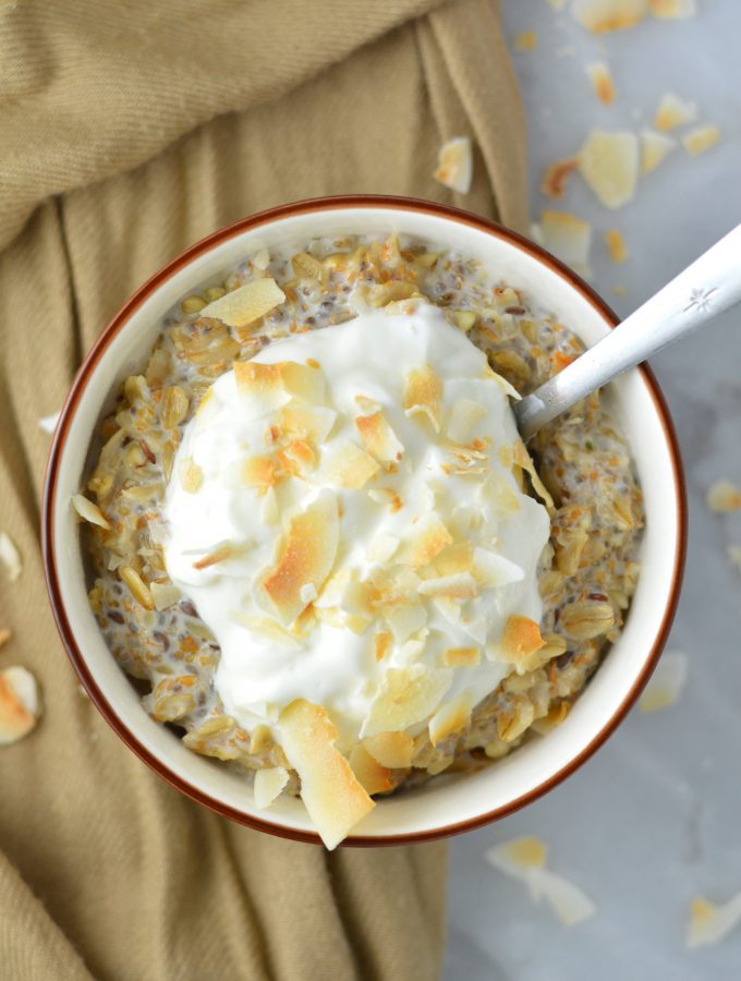 Coconut Cream Pie Oatmeal recipe using canned coconut milk. This breakfast is guaranteed to keep you full until lunch, and it is so quick and easy to make.