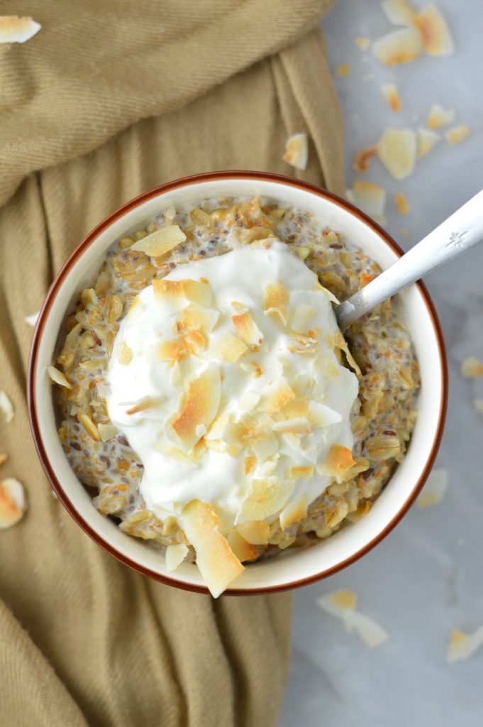 Coconut Cream Pie Oatmeal recipe using canned coconut milk. This breakfast is guaranteed to keep you full until lunch, and it is so quick and easy to make.