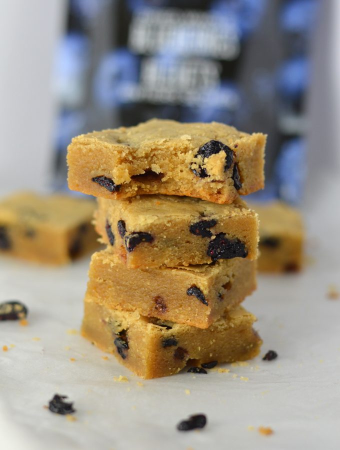 Chewy Dried Blueberry Coconut Oil Blondies recipe. Super quick and easy to make, these are some of the best blondies I have ever made!