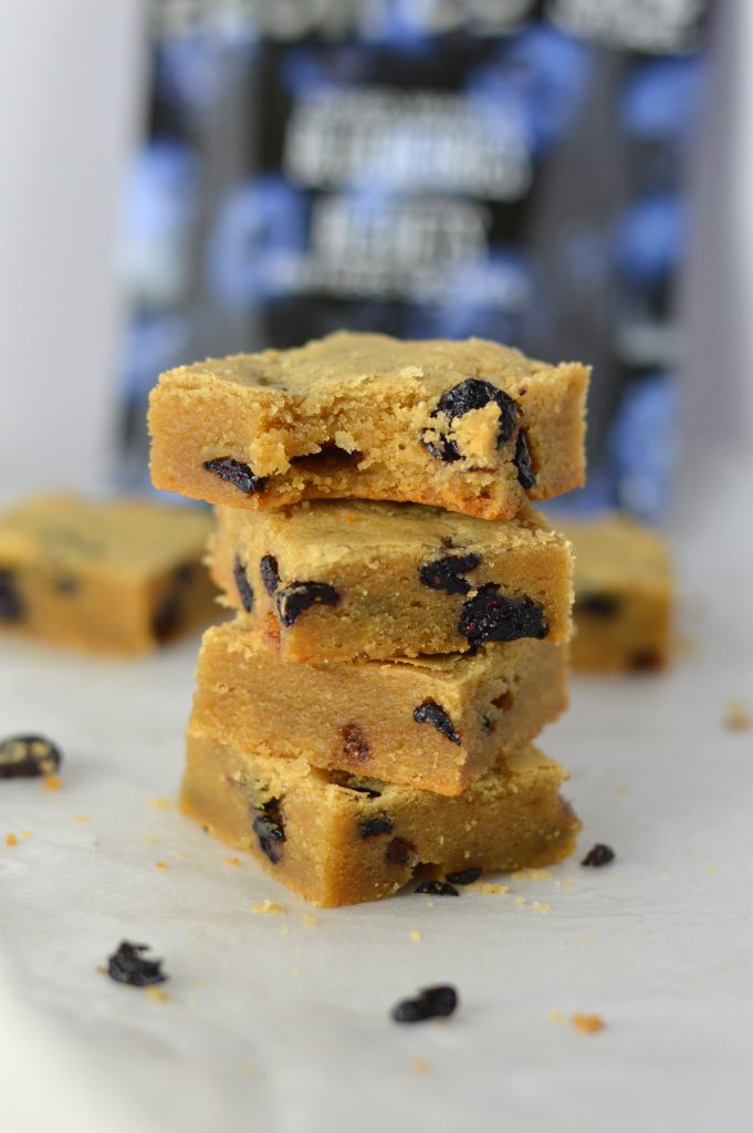 Chewy Dried Blueberry Coconut Oil Blondies recipe. Super quick and easy to make, these are some of the best blondies I have ever made!