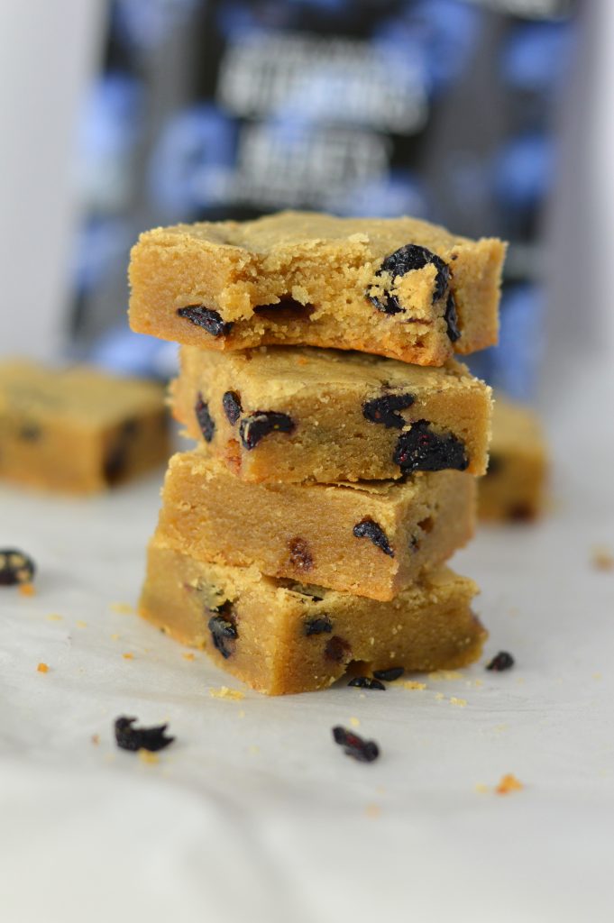 Chewy Dried Blueberry Coconut Oil Blondies recipe. Super quick and easy to make, these are some of the best blondies I have ever made!