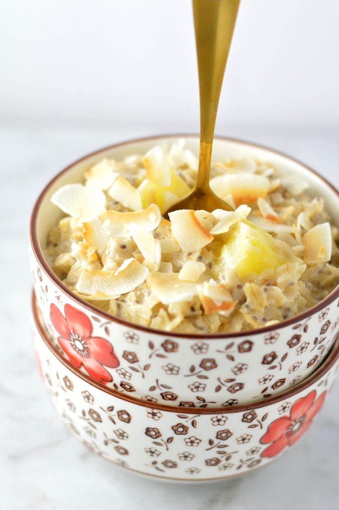 Easy Pina Colada Oatmeal recipe made with fresh or frozen pineapple. This is the perfect breakfast idea to make you feel like you are on holiday.