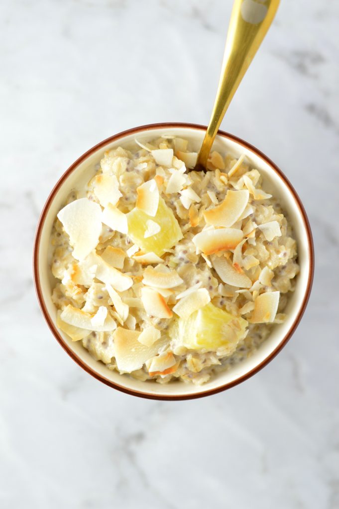 Easy Pina Colada Oatmeal recipe made with fresh or frozen pineapple. This is the perfect breakfast idea to make you feel like you are on holiday.