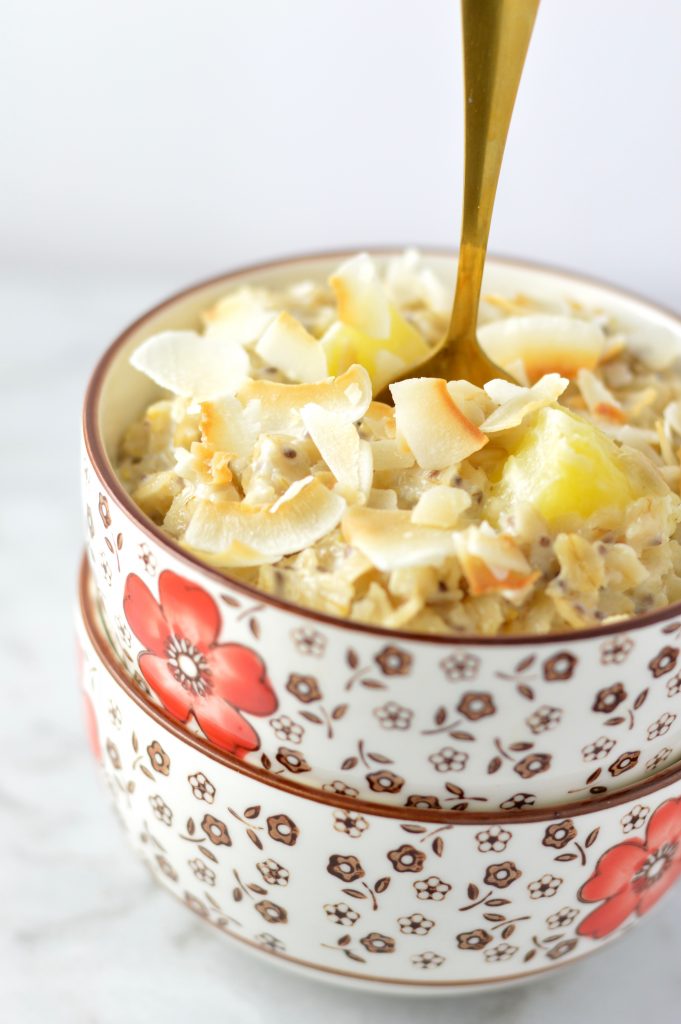 Easy Pina Colada Oatmeal recipe made with fresh or frozen pineapple. This is the perfect breakfast idea to make you feel like you are on holiday.