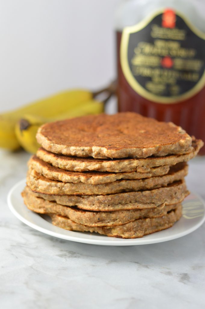 Healthy Whole Wheat Banana Applesauce Pancakes made with chia seeds. This recipe is a very filling breakfast idea, and a great way to use up 2 ripe bananas.