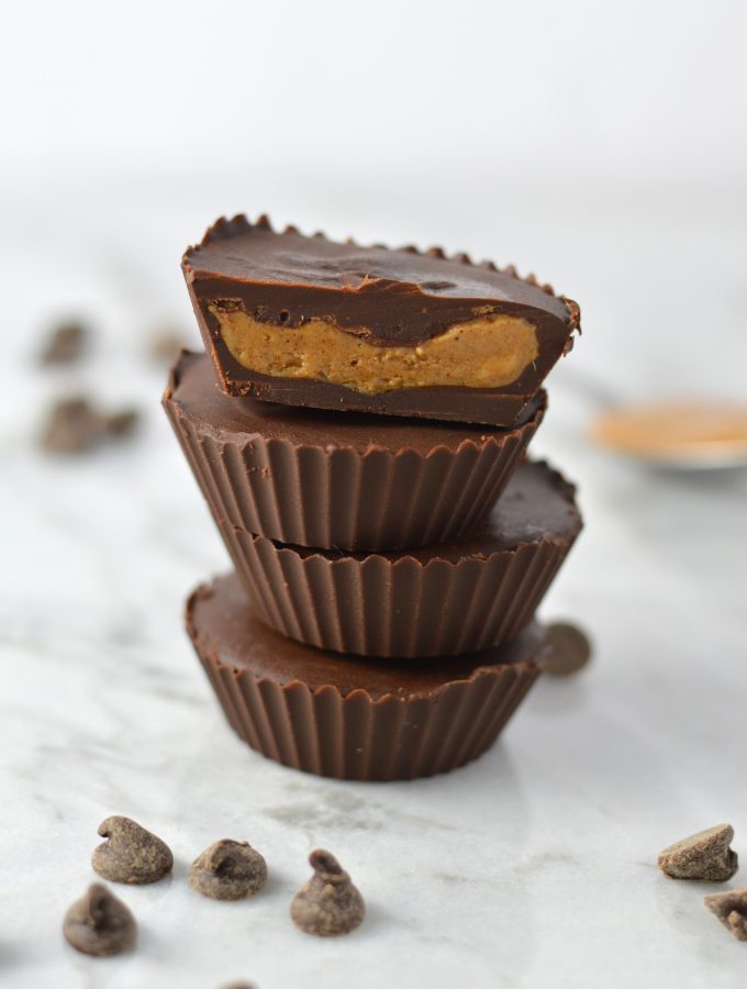 Easy Almond Butter Chocolate Cups recipe made with only 3 ingredients. Can be made vegan, this makes a quick snack to satisfy your sweet tooth.